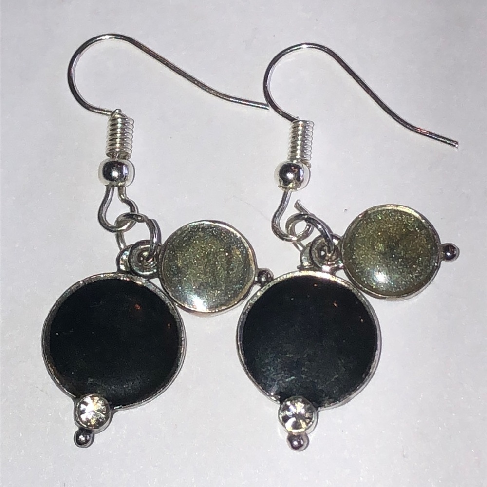 Elegant Black Green Enamel And Silver Tone Boho Dangle Earrings